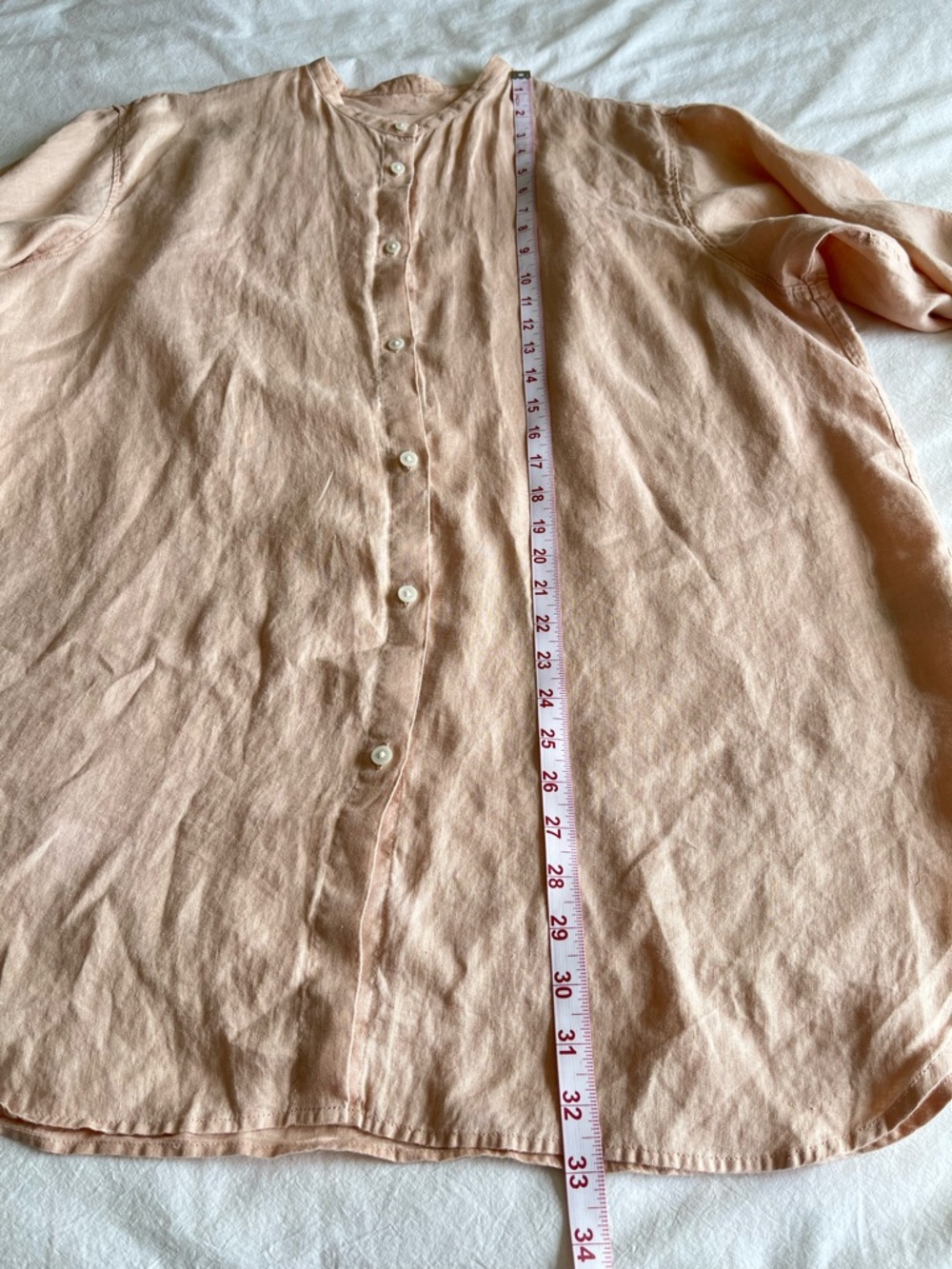 MUJI 100% Hemp Band Collar Tunic Peach Pink 7-Sleeve Shirt XL Coastal Grandma - Picture 4 of 14